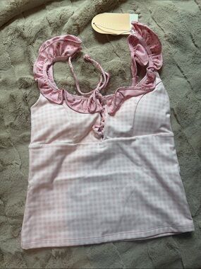 Blogilates Pink Gingham Ruffle Lace Up Tank Top